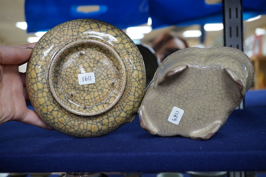 A Chinese crackle-glaze censer, 14cm wide, and a similar peach shaped brush washer, 12cm diameter (2). Condition - good.